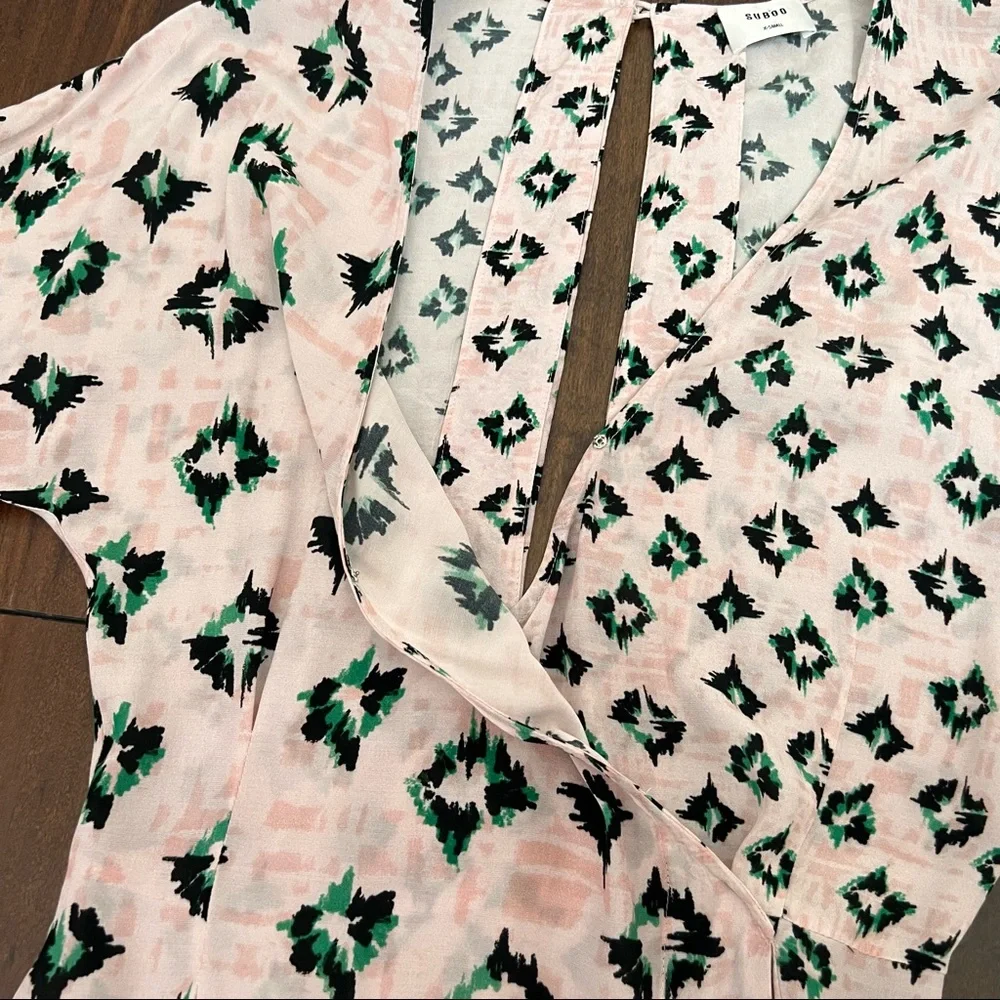 Revolve Suboo Pink & Green Ikat Wrap Cutot Midi Dress - Picture 5 of 11